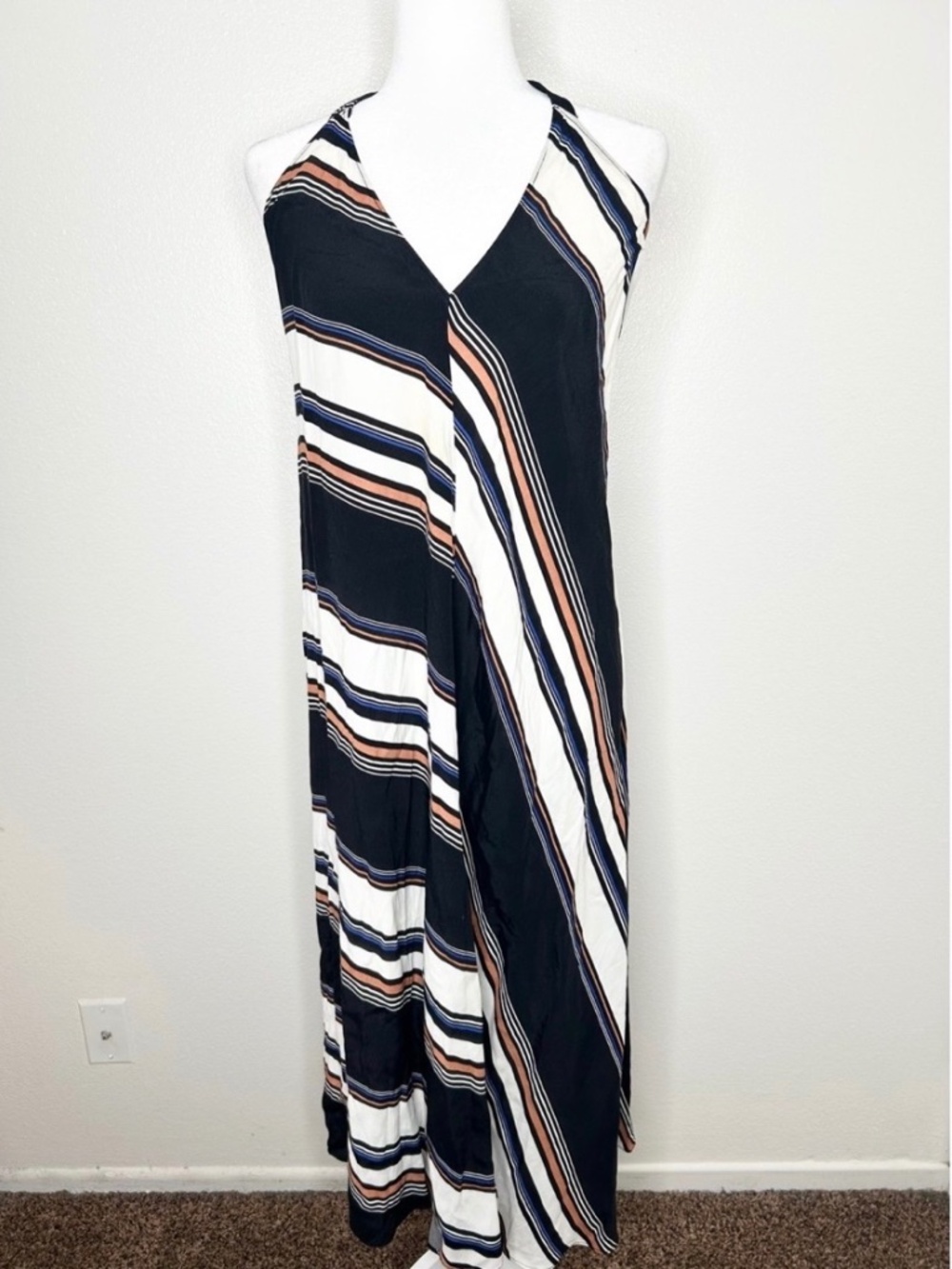 LUSH Juniors Black & White Striped V-Neck Halter Dress Size M EUC